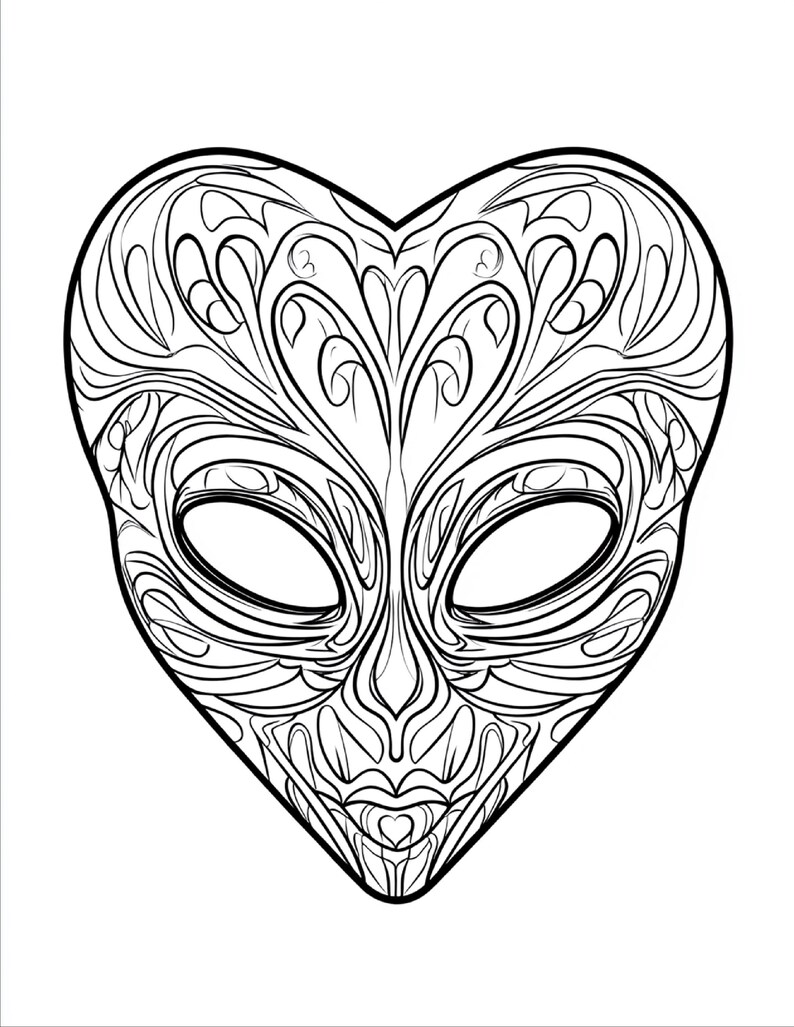 Puede incluir: Una ilustraci&oacute;n de arte lineal en blanco y negro de una cabeza alien&iacute;gena con forma de coraz&oacute;n. El dise&ntilde;o presenta patrones intrincados, fluidos y sim&eacute;tricos en todo el rostro, incluyendo grandes cuencas oculares ovaladas y una boca peque&ntilde;a.