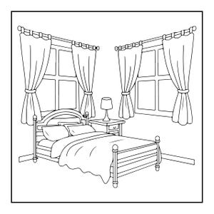 K&ouml;nnte beinhalten: Eine schwarz-wei&szlig;e Strichzeichnung eines Schlafzimmerinterieurs mit einem Bett inklusive Kopf- und Fu&szlig;teil, zwei Kissen, einem Nachttisch mit Lampe sowie zwei Fenstern mit Vorh&auml;ngen, die an Stangen auf beiden Seiten der M&ouml;bel h&auml;ngen.
