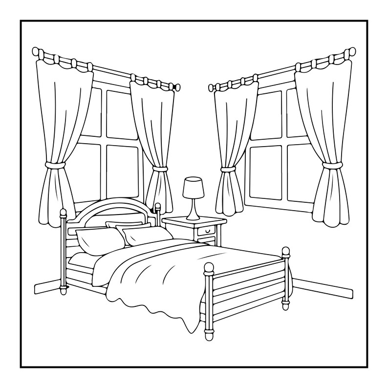 K&ouml;nnte beinhalten: Eine schwarz-wei&szlig;e Strichzeichnung eines Schlafzimmerinterieurs mit einem Bett inklusive Kopf- und Fu&szlig;teil, zwei Kissen, einem Nachttisch mit Lampe sowie zwei Fenstern mit Vorh&auml;ngen, die an Stangen auf beiden Seiten der M&ouml;bel h&auml;ngen.