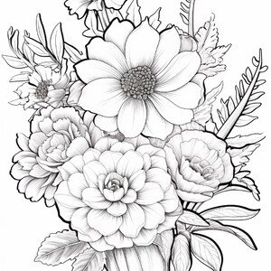 Pode incluir: Uma ilustra&ccedil;&atilde;o de arte linear em preto e branco de um buqu&ecirc; floral com flores grandes em camadas, bot&otilde;es menores e v&aacute;rias folhas semelhantes a samambaias. O desenho usa contornos claros e linhas de sombreamento finas para definir os detalhes.