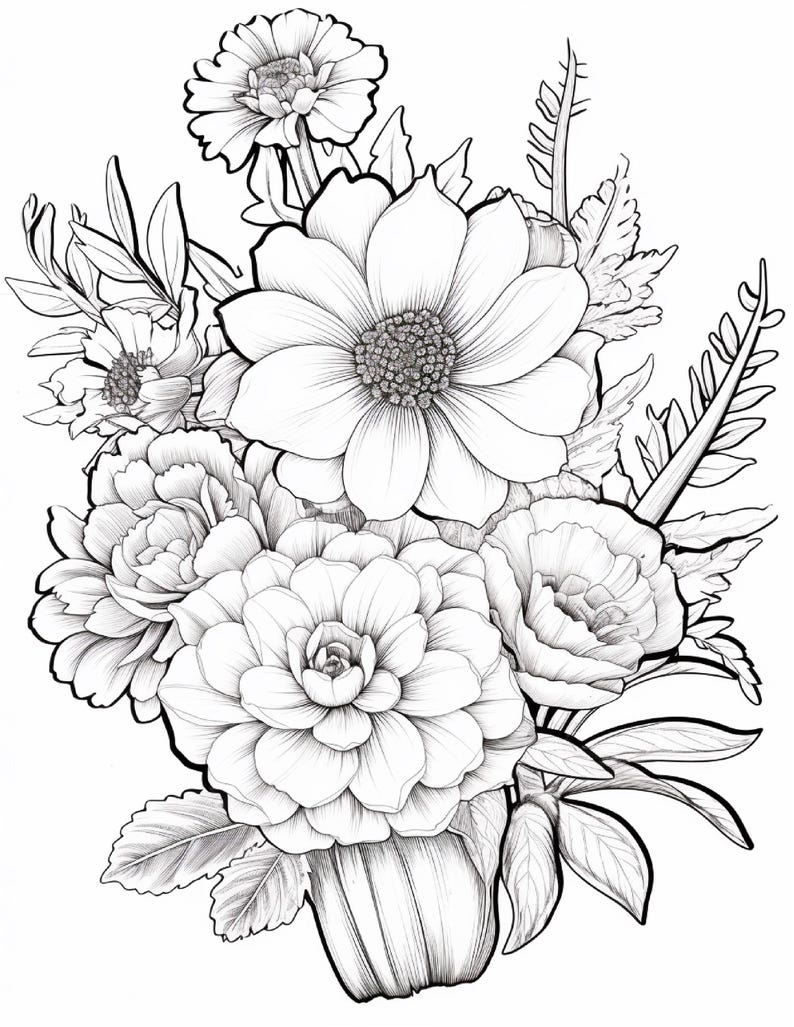 Pode incluir: Uma ilustra&ccedil;&atilde;o de arte linear em preto e branco de um buqu&ecirc; floral com flores grandes em camadas, bot&otilde;es menores e v&aacute;rias folhas semelhantes a samambaias. O desenho usa contornos claros e linhas de sombreamento finas para definir os detalhes.