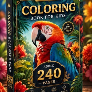 K&ouml;nnte beinhalten: Ein Malbuch f&uuml;r Kinder mit einem farbenfrohen Ara-Papagei auf dem Einband. Der Titel lautet Coloring Book For Kids, mit dem Hinweis auf 240 hinzugef&uuml;gte Seiten. Das Cover zeigt tropische Blumen und Bl&auml;tter in den Farben Rot, Orange und Gr&uuml;n.