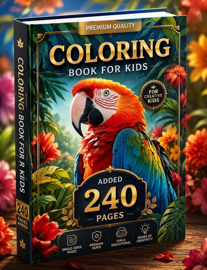 K&ouml;nnte beinhalten: Ein Malbuch f&uuml;r Kinder mit einem farbenfrohen Ara-Papagei auf dem Einband. Der Titel lautet Coloring Book For Kids, mit dem Hinweis auf 240 hinzugef&uuml;gte Seiten. Das Cover zeigt tropische Blumen und Bl&auml;tter in den Farben Rot, Orange und Gr&uuml;n.