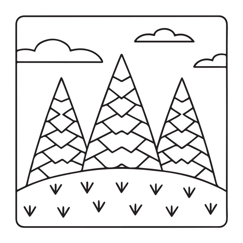 May include: A black and white line art illustration featuring three stylised triangular trees with geometric patterns on a grassy hill. The scene includes three simple clouds in the sky, all enclosed within a square border with rounded corners.