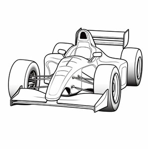 A black and white coloring sheet showing an open-wheel race car angled to the right.