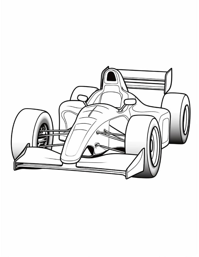 A black and white coloring sheet showing an open-wheel race car angled to the right.