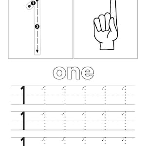 May include: A black and white educational worksheet for the number one. It features a large numeral one with directional arrows, a hand showing one finger, the word one in outline font, and three rows of practice lines for tracing the number one.