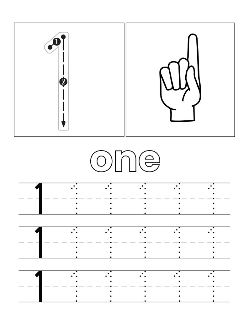 May include: A black and white educational worksheet for the number one. It features a large numeral one with directional arrows, a hand showing one finger, the word one in outline font, and three rows of practice lines for tracing the number one.