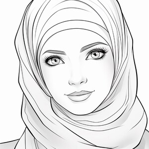 Pu&ograve; includere: Un'illustrazione in bianco e nero a tratto di un volto che indossa un hijab. Il disegno presenta occhi dettagliati con ciglia lunghe, sopracciglia arcuate e un sorriso accennato. Il copricapo &egrave; raffigurato con linee fluide e morbide.