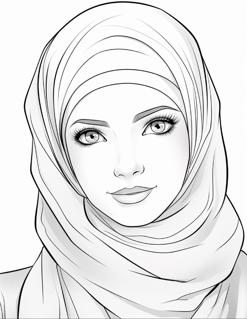 Pu&ograve; includere: Un'illustrazione in bianco e nero a tratto di un volto che indossa un hijab. Il disegno presenta occhi dettagliati con ciglia lunghe, sopracciglia arcuate e un sorriso accennato. Il copricapo &egrave; raffigurato con linee fluide e morbide.