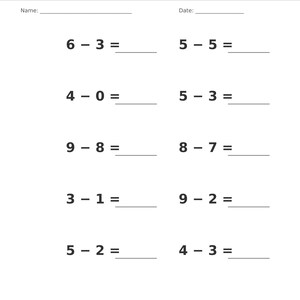 May include: A white educational worksheet titled Subtraction &bull; Single Digit with a gray header. It features ten math problems with single-digit numbers and blank lines for answers, plus fields for Name and Date. The footer reads Subtraction &bull; Single Digit Practice and Page 10 of 100.