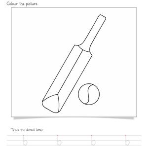 Op de afbeelding: Een zwart-wit werkblad met de titel Topic: Letter 'b' Worksheet. Het bevat een lijntekening van een cricketbat en een bal, met de instructie Colour the picture en een sectie om de gestippelde letter b vier keer over te trekken.