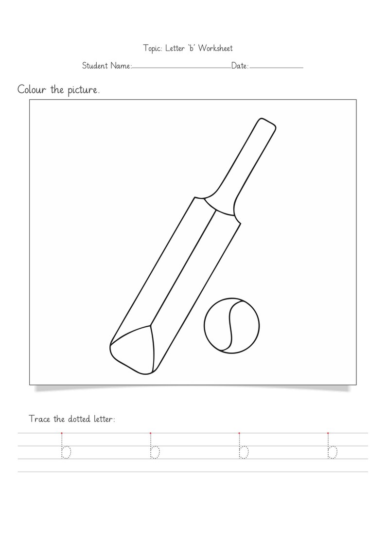 Op de afbeelding: Een zwart-wit werkblad met de titel Topic: Letter 'b' Worksheet. Het bevat een lijntekening van een cricketbat en een bal, met de instructie Colour the picture en een sectie om de gestippelde letter b vier keer over te trekken.