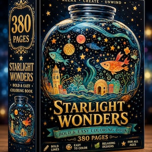 K&ouml;nnte beinhalten: Ein 380-seitiges Malbuch mit dem Titel Starlight Wonders und einem dunkelblauen Einband, der ein gro&szlig;es Glas mit einer fantasievollen Unterwasserszene zeigt, inklusive Fischen, Sternen und kleinen Geb&auml;uden, verziert mit goldenem Text und R&auml;ndern.