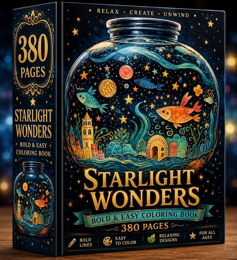 K&ouml;nnte beinhalten: Ein 380-seitiges Malbuch mit dem Titel Starlight Wonders und einem dunkelblauen Einband, der ein gro&szlig;es Glas mit einer fantasievollen Unterwasserszene zeigt, inklusive Fischen, Sternen und kleinen Geb&auml;uden, verziert mit goldenem Text und R&auml;ndern.