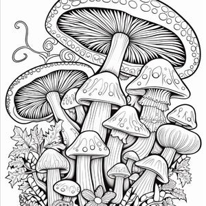 May include: A black and white line art illustration featuring a cluster of various mushrooms with detailed caps and stems, surrounded by decorative foliage and swirling vine elements, designed as a coloring page with clear outlines.