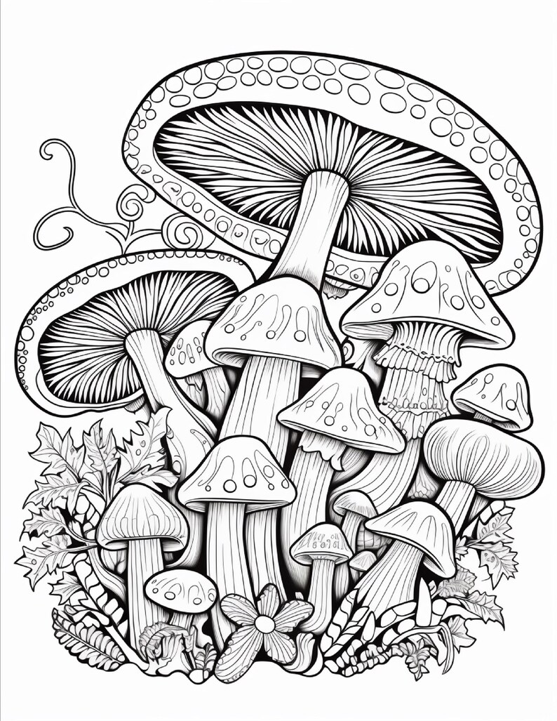May include: A black and white line art illustration featuring a cluster of various mushrooms with detailed caps and stems, surrounded by decorative foliage and swirling vine elements, designed as a coloring page with clear outlines.