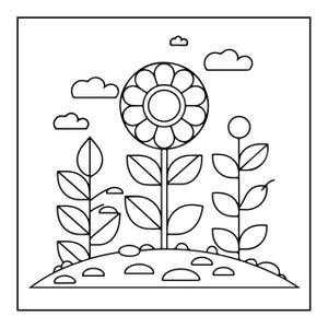 May include: A black and white line art illustration featuring a central large flower with rounded petals, flanked by two smaller plants with oval leaves. The scene is set on a small mound with scattered stones, under a sky with three clouds.