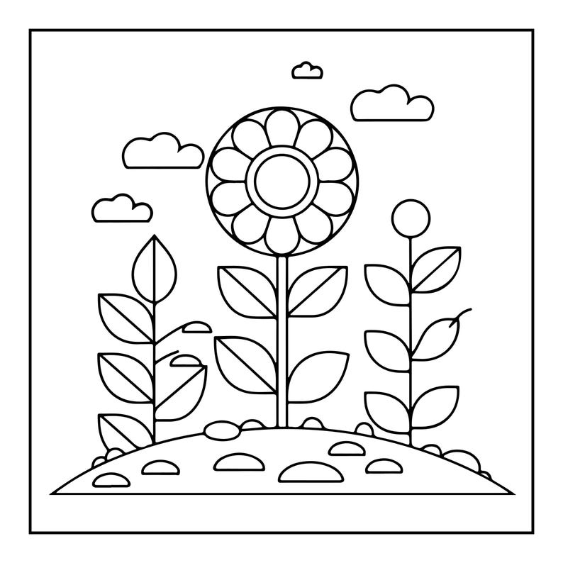 May include: A black and white line art illustration featuring a central large flower with rounded petals, flanked by two smaller plants with oval leaves. The scene is set on a small mound with scattered stones, under a sky with three clouds.