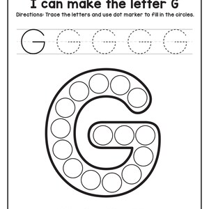 A black and white tracing and dot marker worksheet for the letter G featuring a giraffe outline filled with circles.