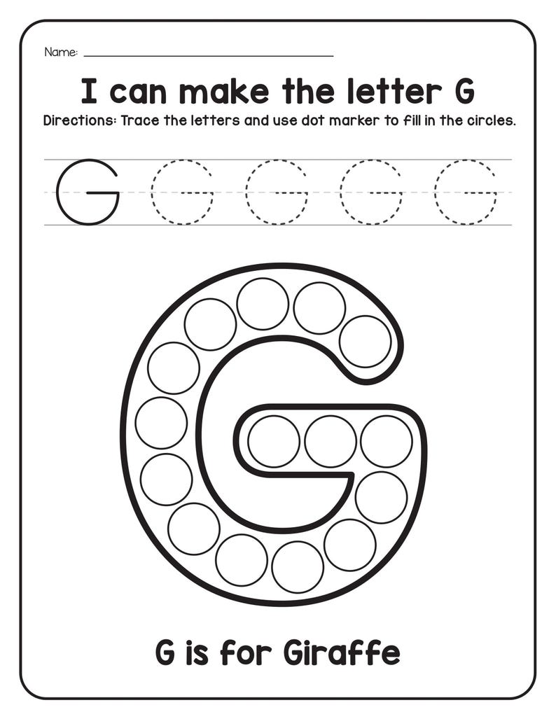 A black and white tracing and dot marker worksheet for the letter G featuring a giraffe outline filled with circles.