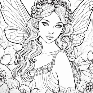 May include: A black and white line art illustration of a fairy with long wavy hair, wearing a floral crown and a dress with straps. The fairy has large detailed wings and is surrounded by various flowers and leaves in a garden setting.