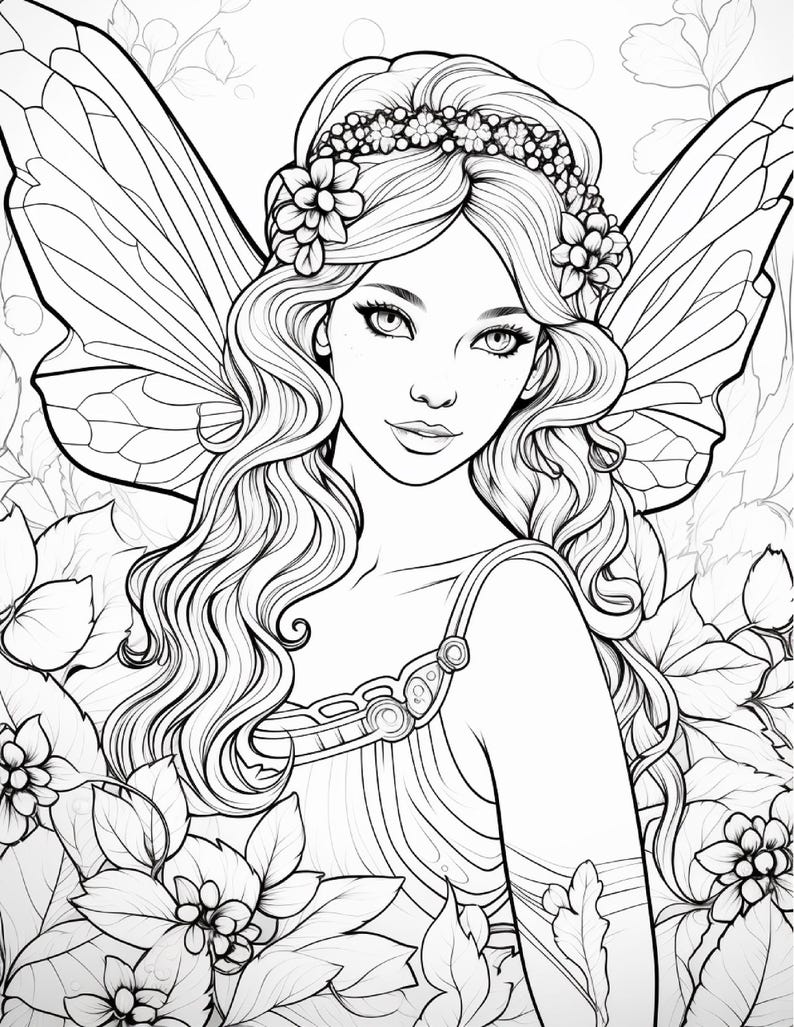 May include: A black and white line art illustration of a fairy with long wavy hair, wearing a floral crown and a dress with straps. The fairy has large detailed wings and is surrounded by various flowers and leaves in a garden setting.