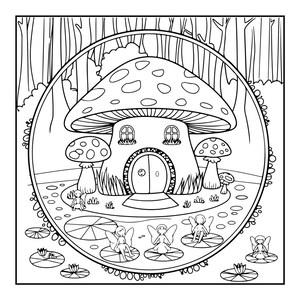 A black and white coloring page of a mushroom house with small fairies and lily pads in a forest setting.
