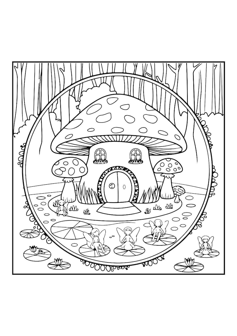 A black and white coloring page of a mushroom house with small fairies and lily pads in a forest setting.