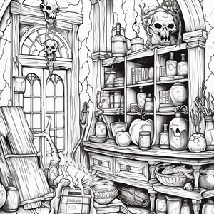May include: A black and white line art illustration of a room interior featuring a wooden shelf filled with various glass bottles, jars, and books. Two skulls are positioned on the upper shelves and door frame. A wooden table holds more jars, a pumpkin, and a small crate.