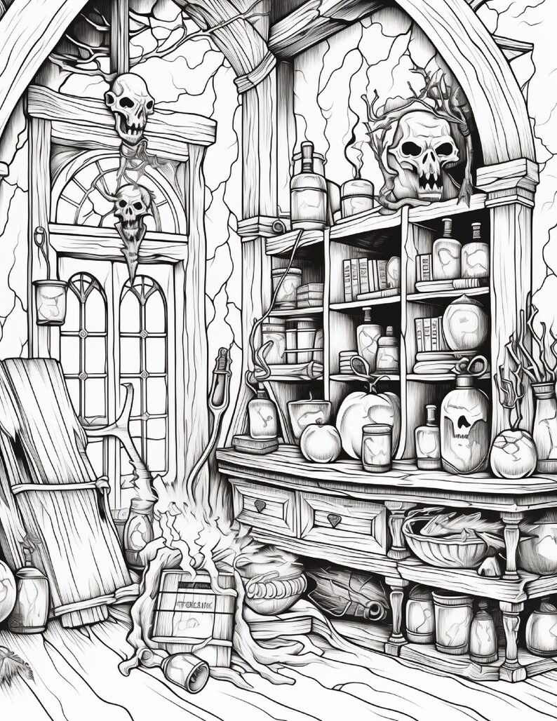 May include: A black and white line art illustration of a room interior featuring a wooden shelf filled with various glass bottles, jars, and books. Two skulls are positioned on the upper shelves and door frame. A wooden table holds more jars, a pumpkin, and a small crate.