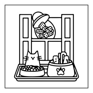 Peut inclure: Une illustration en noir et blanc au trait repr&eacute;sentant un chat assis devant une gamelle, un deuxi&egrave;me bol rempli de friandises et un bocal de friandises sur une &eacute;tag&egrave;re au-dessus. L'ensemble est encadr&eacute; par une bordure rectangulaire.
