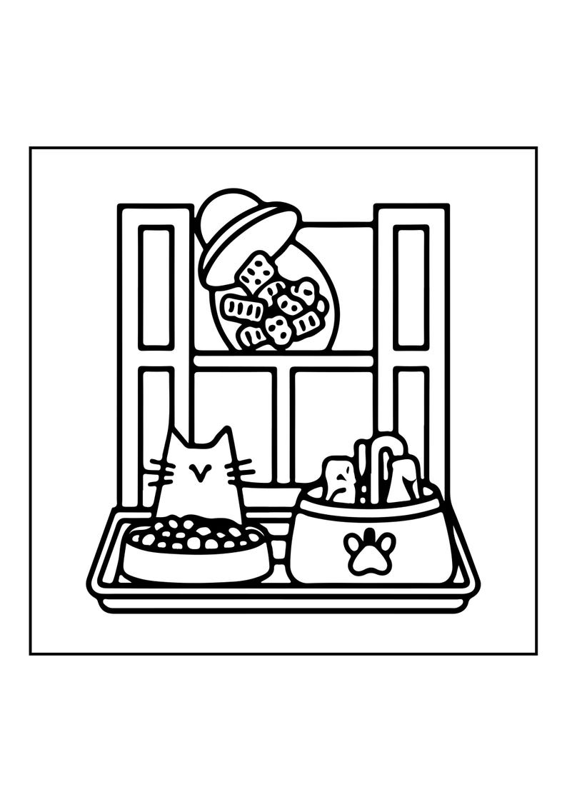 Peut inclure: Une illustration en noir et blanc au trait repr&eacute;sentant un chat assis devant une gamelle, un deuxi&egrave;me bol rempli de friandises et un bocal de friandises sur une &eacute;tag&egrave;re au-dessus. L'ensemble est encadr&eacute; par une bordure rectangulaire.