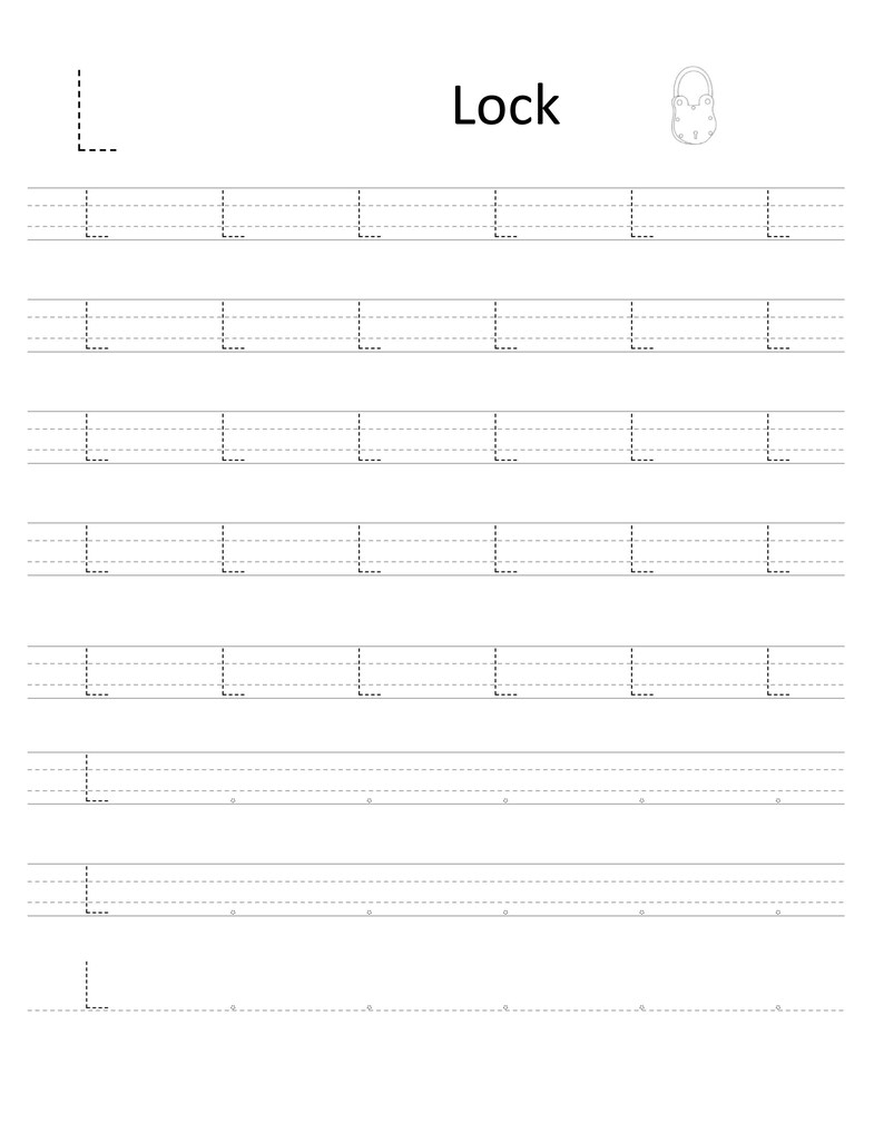 Pode incluir: Uma folha de exerc&iacute;cios educativa branca para praticar a letra L, com uma letra L grande em linhas tracejadas, a palavra Lock, uma pequena ilustra&ccedil;&atilde;o linear de um cadeado e v&aacute;rias linhas tracejadas para tra&ccedil;ar a letra L em tinta preta.