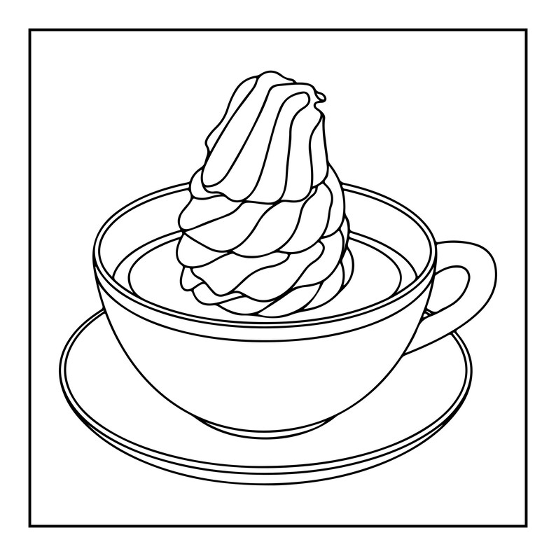May include: A black and white line art illustration of a coffee cup on a saucer. The cup is filled with a liquid and topped with a large, spiraled dollop of whipped cream or soft serve ice cream, depicted with simple, clean outlines.