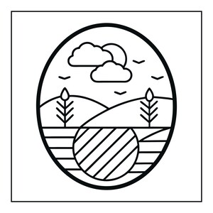 Op de afbeelding: Een zwart-witte lijntekening in een ovaal kader. Het ontwerp toont een landschap met glooiende heuvels, twee gestileerde bomen, wolken, een zon en vogels in de lucht. De voorgrond bevat een cirkelvormig gebied met diagonale lijnen.