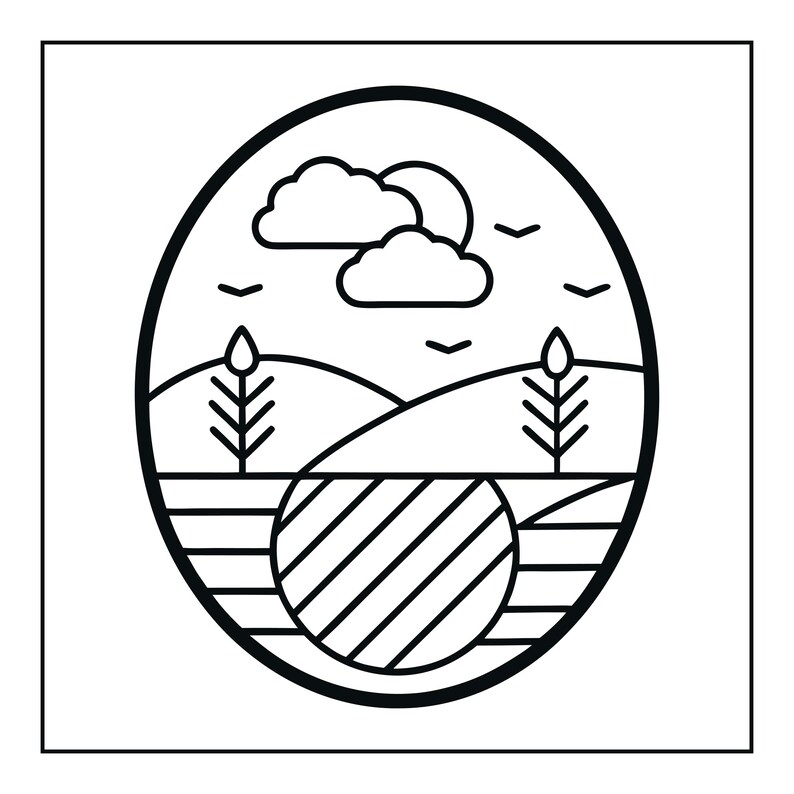 Op de afbeelding: Een zwart-witte lijntekening in een ovaal kader. Het ontwerp toont een landschap met glooiende heuvels, twee gestileerde bomen, wolken, een zon en vogels in de lucht. De voorgrond bevat een cirkelvormig gebied met diagonale lijnen.