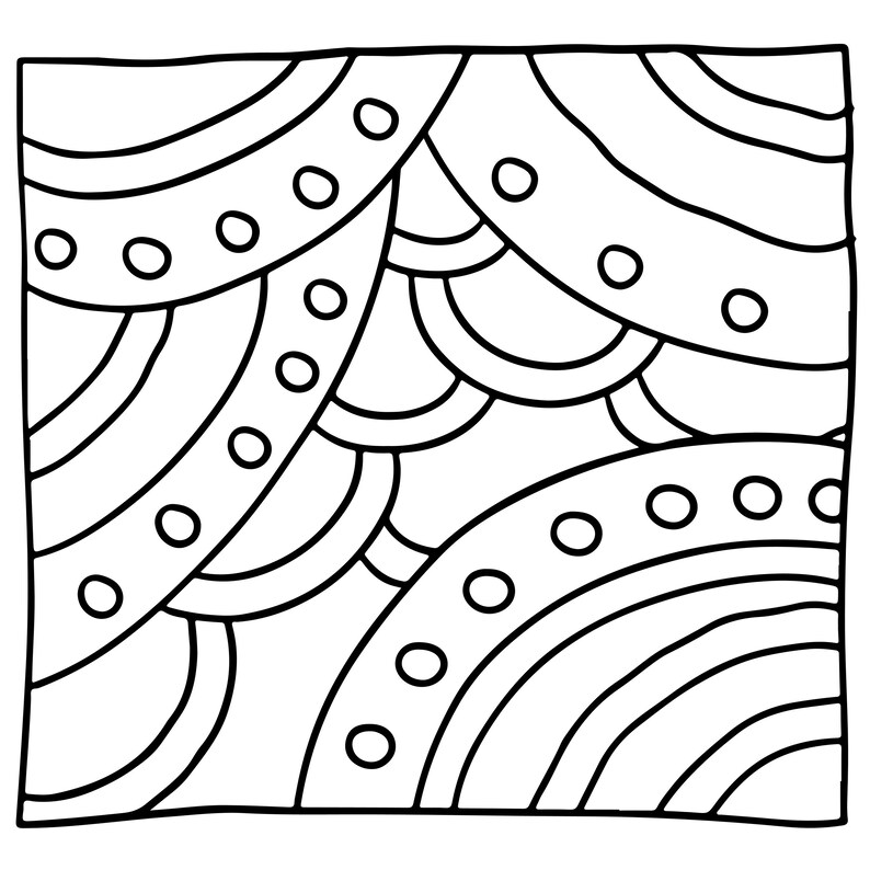 May include: A square black and white line art illustration featuring a repeating pattern of curved bands and circular dots. The design consists of overlapping arcs and segments that create a geometric composition with bold outlines and clear shapes.