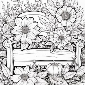 K&ouml;nnte beinhalten: Eine schwarz-wei&szlig;e Strichzeichnung eines Gartenb&auml;nks, umgeben von gro&szlig;en bl&uuml;henden Blumen und Blattwerk. Ein kleiner K&uuml;rbis liegt auf dem Boden vor der Bank, eingebettet zwischen Bl&auml;ttern und Bl&uuml;tenbl&auml;ttern, was eine detaillierte botanische Szene ergibt.