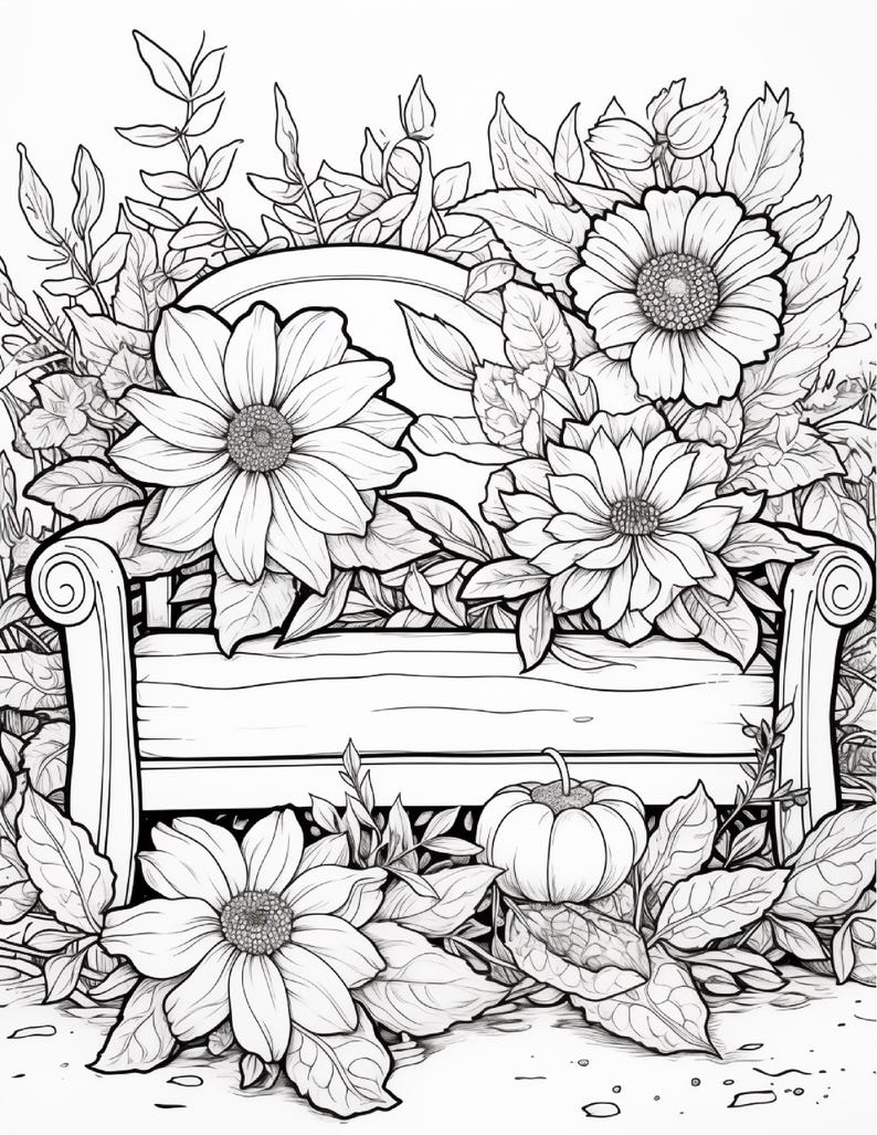 K&ouml;nnte beinhalten: Eine schwarz-wei&szlig;e Strichzeichnung eines Gartenb&auml;nks, umgeben von gro&szlig;en bl&uuml;henden Blumen und Blattwerk. Ein kleiner K&uuml;rbis liegt auf dem Boden vor der Bank, eingebettet zwischen Bl&auml;ttern und Bl&uuml;tenbl&auml;ttern, was eine detaillierte botanische Szene ergibt.
