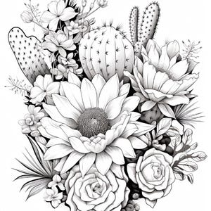 Pode incluir: Uma ilustra&ccedil;&atilde;o bot&acirc;nica a preto e branco com um grande girassol central rodeado por v&aacute;rios catos, suculentas e pequenas flores delicadas. O desenho utiliza linhas finas e sombreado para representar as texturas das p&eacute;talas e espinhos.
