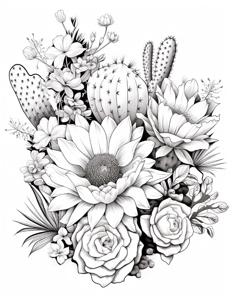 Pode incluir: Uma ilustra&ccedil;&atilde;o bot&acirc;nica a preto e branco com um grande girassol central rodeado por v&aacute;rios catos, suculentas e pequenas flores delicadas. O desenho utiliza linhas finas e sombreado para representar as texturas das p&eacute;talas e espinhos.