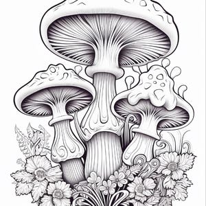 May include: A black and white line art illustration featuring three mushrooms of varying sizes clustered together. The mushrooms are surrounded by detailed floral elements, including small flowers and leaves at the base, rendered with intricate shading and clean outlines.