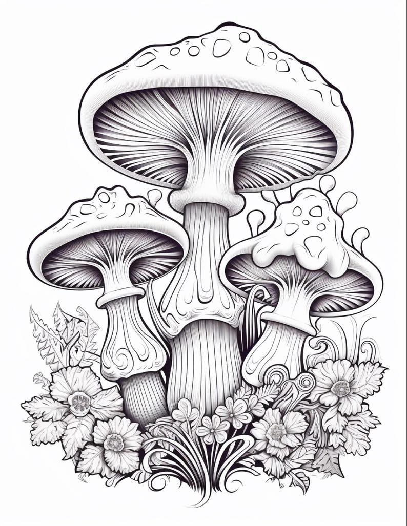 May include: A black and white line art illustration featuring three mushrooms of varying sizes clustered together. The mushrooms are surrounded by detailed floral elements, including small flowers and leaves at the base, rendered with intricate shading and clean outlines.