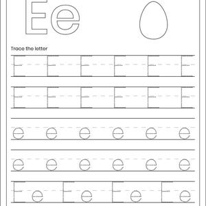 May include: A black and white educational worksheet titled Letter Tracing. It features the uppercase and lowercase letter Ee, an egg outline to color, and six rows of dotted lines for tracing uppercase E, lowercase e, and the combination Ee.