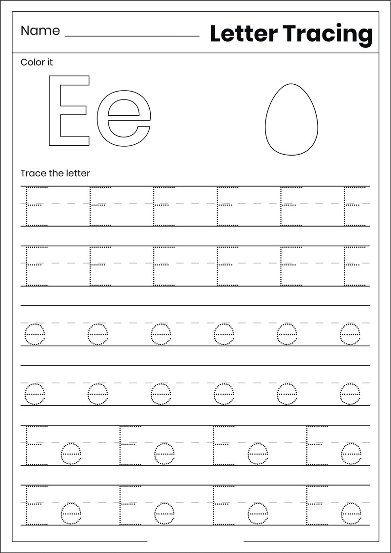 May include: A black and white educational worksheet titled Letter Tracing. It features the uppercase and lowercase letter Ee, an egg outline to color, and six rows of dotted lines for tracing uppercase E, lowercase e, and the combination Ee.