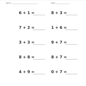 May include: A white educational worksheet titled Addition &bull; Single Digit with a gray header. It features ten math problems with blank lines for answers, including 6+1, 8+3, 7+2, 1+6, 3+3, 9+7, 8+8, 8+7, 4+9, and 0+7. Includes Name and Date lines.