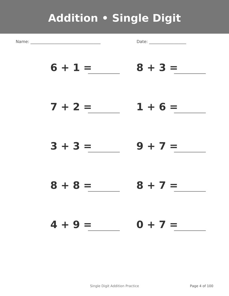 May include: A white educational worksheet titled Addition &bull; Single Digit with a gray header. It features ten math problems with blank lines for answers, including 6+1, 8+3, 7+2, 1+6, 3+3, 9+7, 8+8, 8+7, 4+9, and 0+7. Includes Name and Date lines.