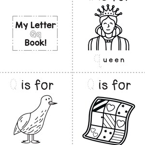 A printable coloring worksheet for the letter Q featuring a queen, a quail, and a quilt with tracing lines.