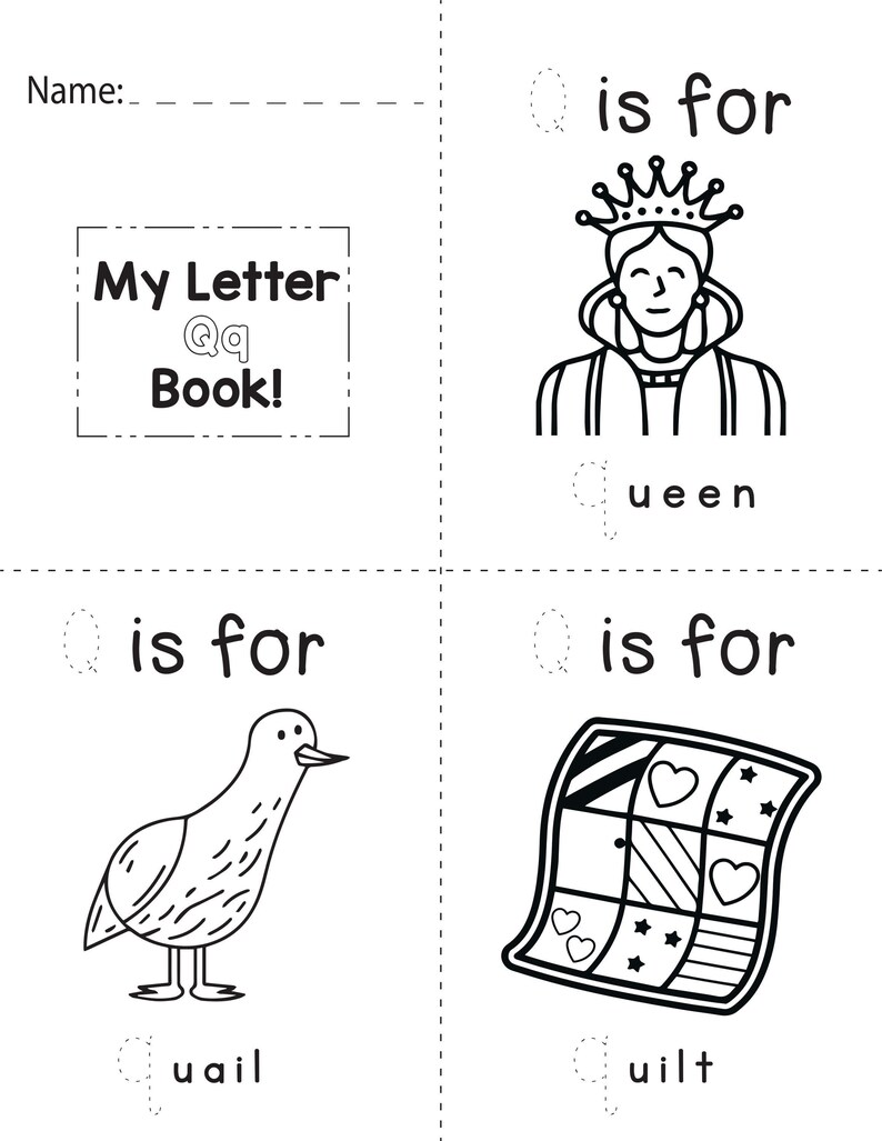 A printable coloring worksheet for the letter Q featuring a queen, a quail, and a quilt with tracing lines.